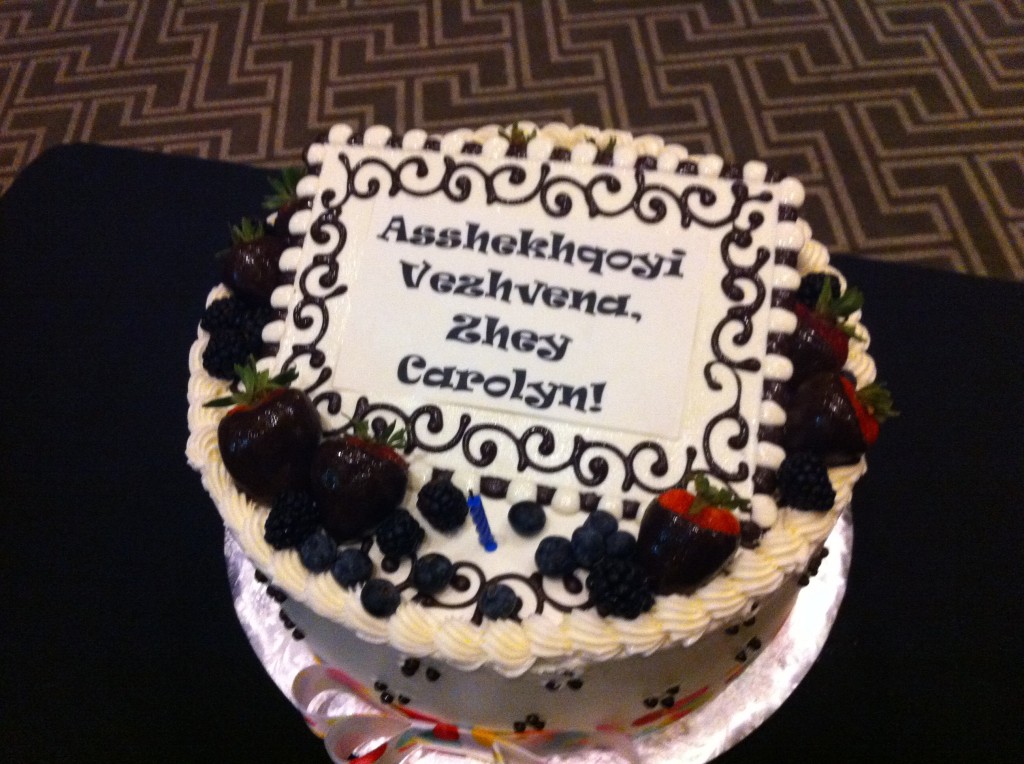 Dothraki birthday cake! A cake with "Asshekhqoyi vezhvena, zhey Carolyn!" written on it.